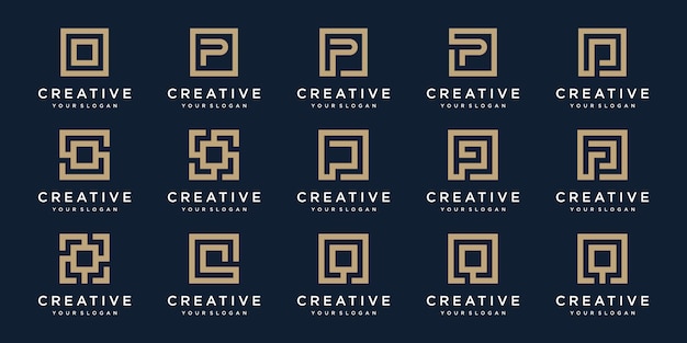 Набор букв логотипа p и q с квадратным стилем. шаблон