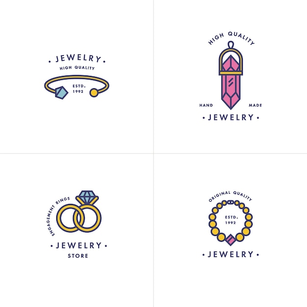 ネックレスと宝石の石、結婚指輪とブレスレットのロゴのセット