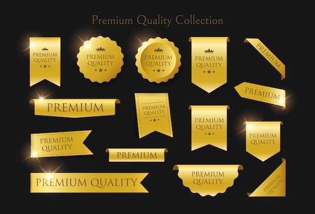 豪華なゴールデンラベル、ステッカー、プレミアム品質コレクションのバッジのセット。黒の背景に孤立した図