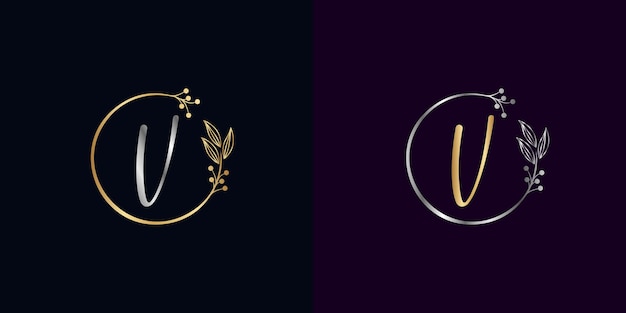 ベクトル 豪華な金と銀の署名文字v孤立した円のセット。個人的な署名、化粧品、レストラン、ブティック、ホテル、自然のロゴの概念ベクトルのベクトルモノグラム