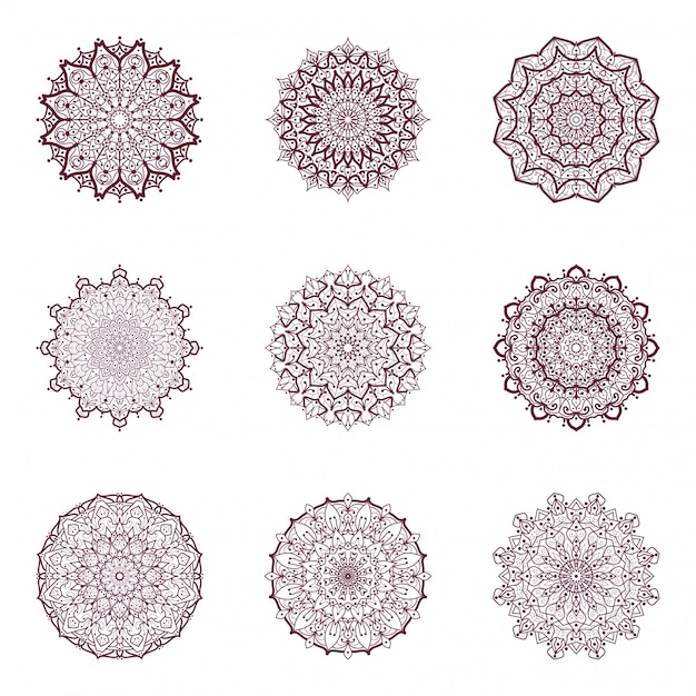 Набор роскошной мандалы. менди цветок украшения в этническом восточном, индийском стиле. каракули орнамент. контур руки нарисовать иллюстрацию