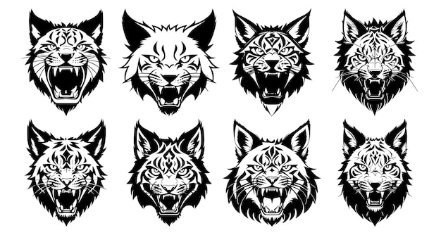 Набор голов рыси с открытым ртом и обнаженными клыками с различными сердитыми выражениями морды символы для татуировки эмблемы или логотипа изолированы на белом фоне