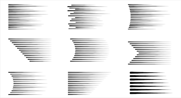 Набор линий скорости движения манги коллекция линий кадра аниме действие супергероя эффекты движения на прозрачном фоне радиальные линии взрыва вспышки векторная иллюстрация черная линия