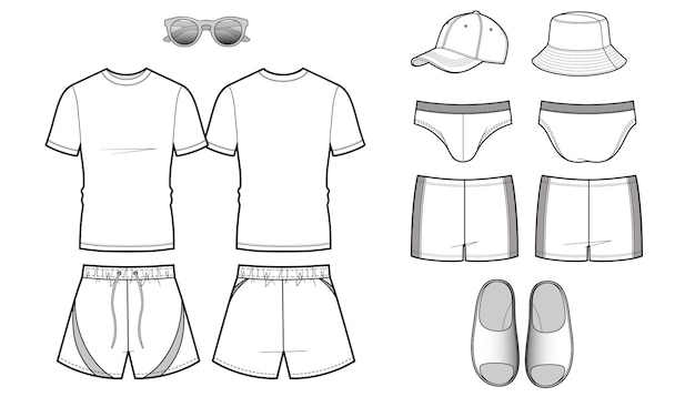 Вектор Набор эскизов мужской одежды для пляжного отдыха