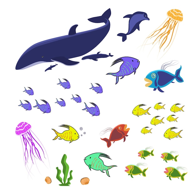 흰색 절연 해양 동물의 집합입니다. 다채로운 물고기, 해파리, 고래. 바다 수족관을 위한 바다 생물 컬렉션입니다. 벡터 Eps10입니다.