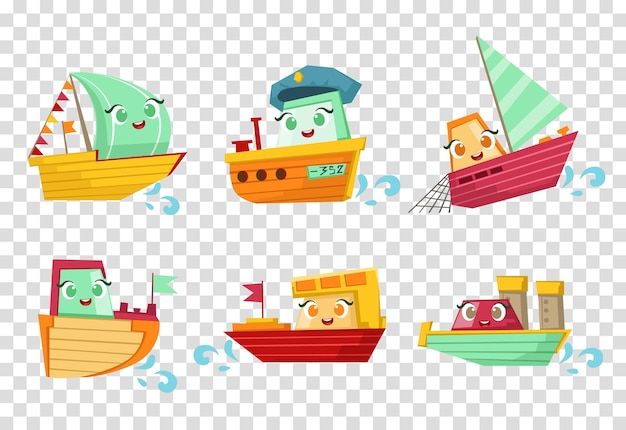 Вектор Набор морских судов с очаровательными лицами. маленькие деревянные корабли и парусные лодки. элементы для детской книги или мобильной игры. красочные плоские векторные иллюстрации, изолированные на прозрачном фоне.