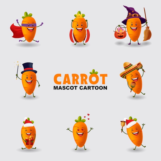 Набор талисмана мультяшный иллюстрации морковь в нескольких позах изолированных фоне