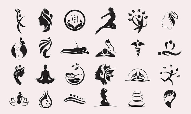 Вектор Набор векторных иконок, связанных с массажем, включает в себя такие иконы, как спа-салон, массажист