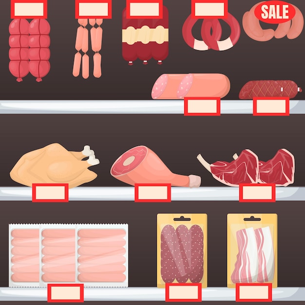 벡터 슈퍼마켓 선반에 육류 제품 세트 소시지 치켄 베이컨 햄과 쇠고기 만화 벡터