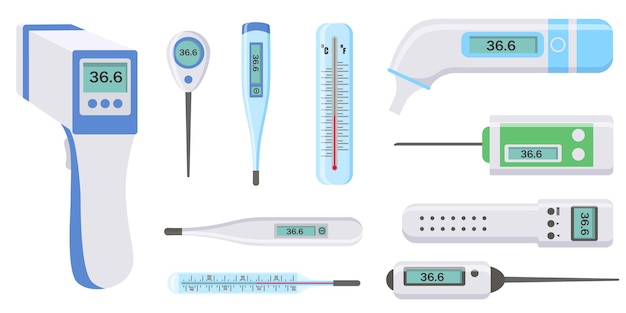 벡터 코로나바이러스 건강 및 질병 벡터 동안 병원용 의료 전자 온도계 세트