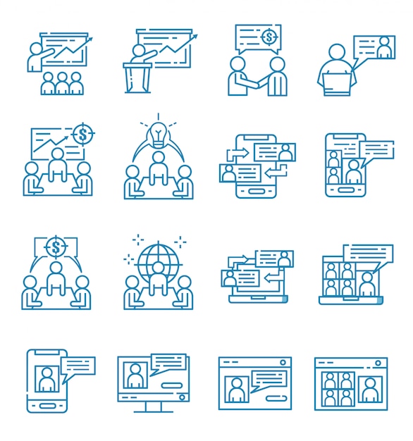 벡터 개요 스타일로 회의 아이콘 세트
