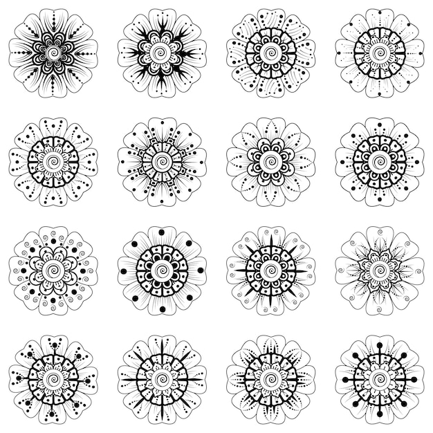 ヘナ一時的な刺青の入れ墨の装飾の塗り絵ページの一時的な刺青の花のセット