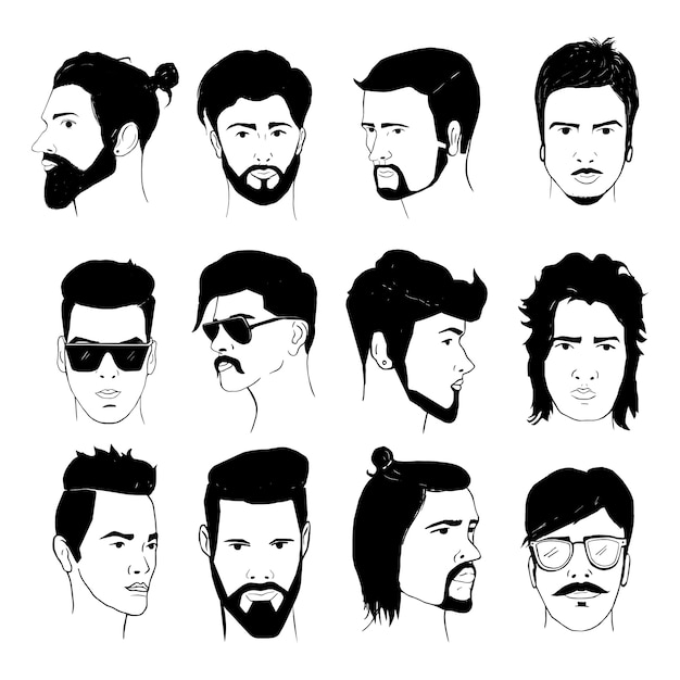 Набор мужской прически с бородами и усами. коллекция стильных 80-х, 90-х типов. нарисованные рукой изолированные парни битника, ретро иллюстрация.