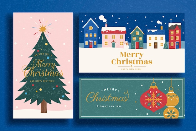 벡터 초대 및 웹 배너에 적합한 손으로 그린 디자인의 메리 크리스마스 및 새해 복 많이 받으세요 카드 및 배너 세트