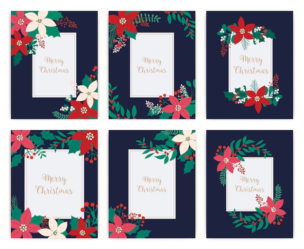 メリークリスマスグリーティングカードのセット。花、花。