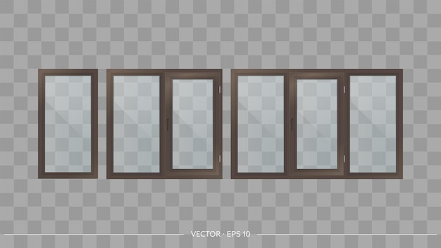 Комплект металлопластиковых окон с прозрачными стеклами. современные окна в реалистичном стиле. вектор.