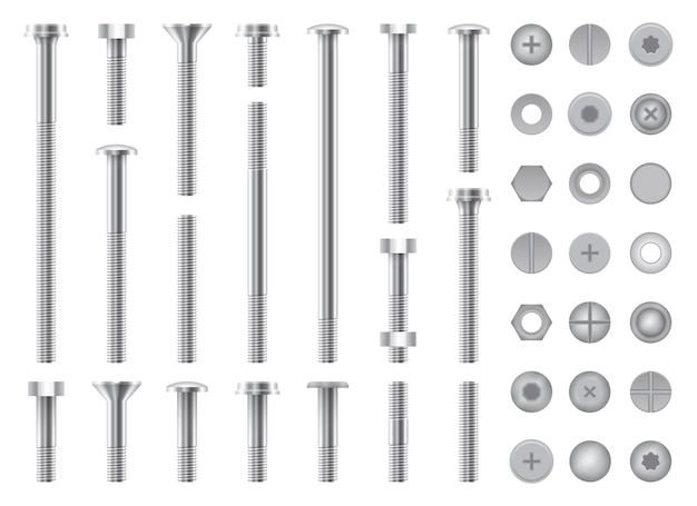 ベクトル 分離された金属ネジ、ナット、鋼のボルトと釘のセット
