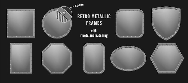 Набор металлических рамок различной формы с заклепками в стиле ретро с штриховкой