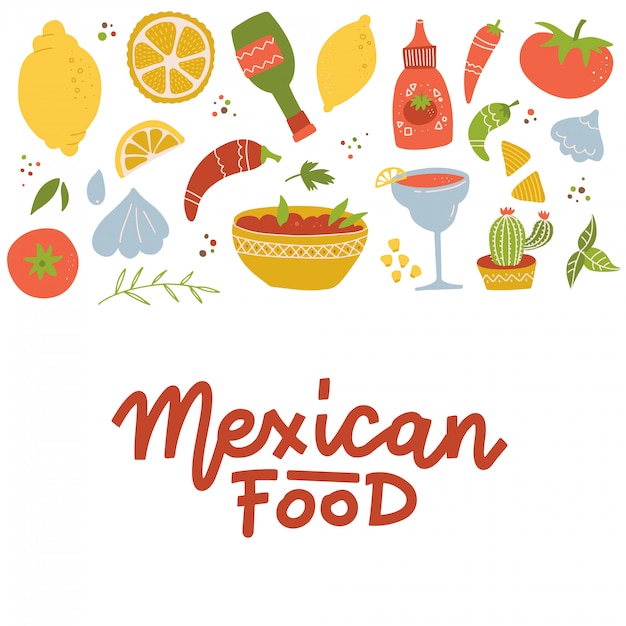 멕시코 국가 전통 음식 음료 세트와 밝은 색상 평면 아이콘 격리 된 벡터 일러스트 레이 션 기능.