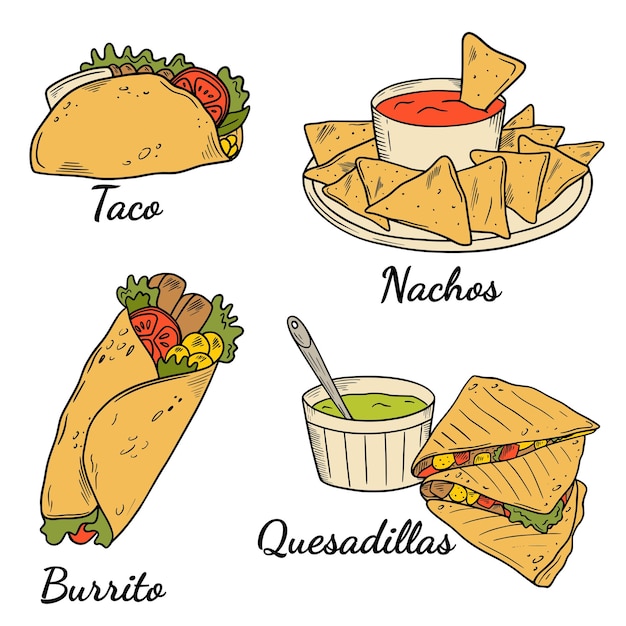 벡터 멕시코 전통 음식 - burrito, taco, nachos, quesadillas. 요리 멕시카인.