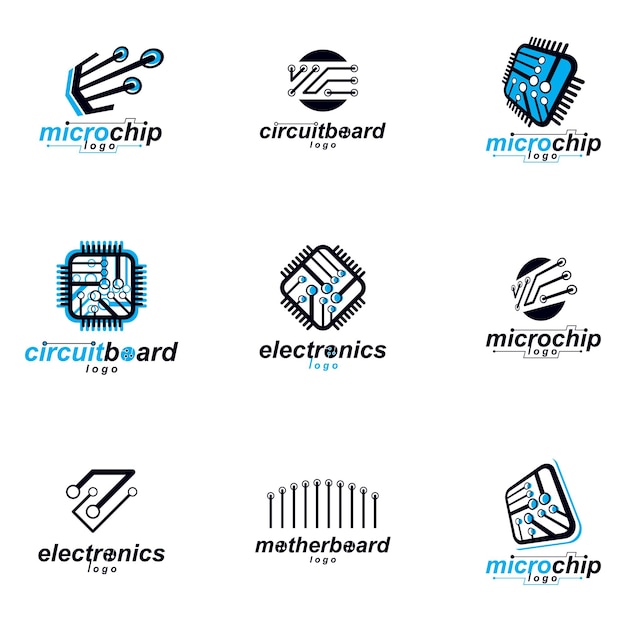 마이크로프로세서 체계 추상 로고타입의 집합입니다. 미래의 사이버네틱 벡터 마더보드입니다. 디지털 요소, 회로 기판.