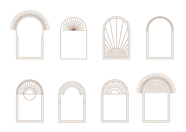 Вектор Набор минимальных рамок арки бохо в модном линейном стиле