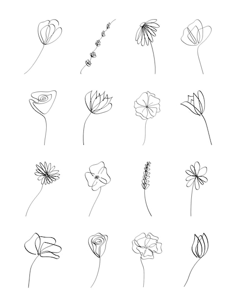 벡터 색 배경에 고립 된 연속 드로잉 스타일의 최소 식물 그래픽 세트