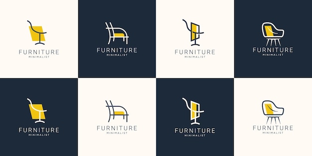 店のための椅子が付いているミニマリストの家具のロゴのセット