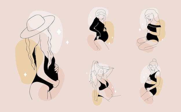 Вектор Набор минималистичных беременных женщин на цветных пятнах наброски девушек в черном нижнем белье беременность и материнство ручной рисунок векторной иллюстрации в стиле одной линии идеально подходит для логотипа
