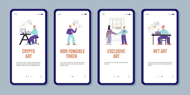 Nft アート フラット スタイルのベクトル図に関するモバイル テンプレートのセット