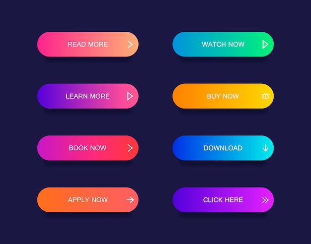 Набор современных кнопок стиля материала для веб-сайта, мобильного приложения и инфографики. разные цвета градиента.
