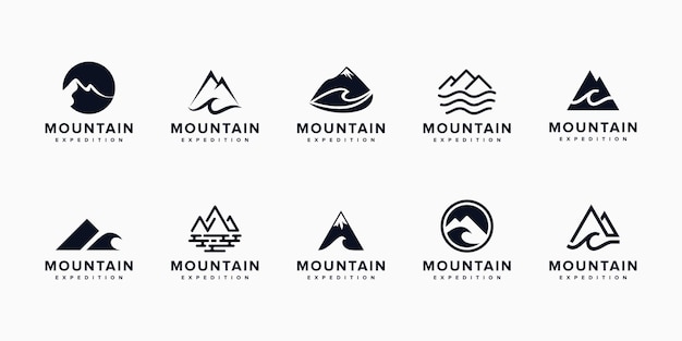 ベクトル ユニークなコンセプト、山、線画、アウトラインとモダンな山のロゴのセット
