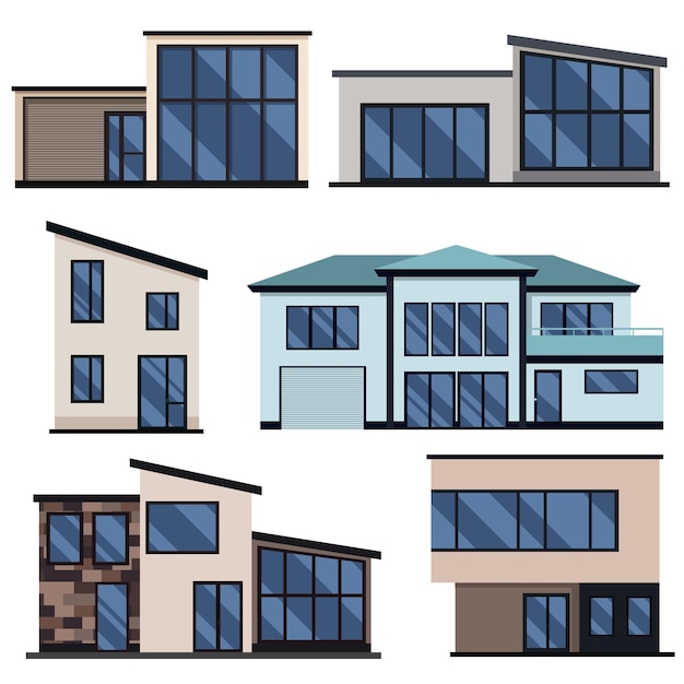 Вектор Набор современных жилых домов. векторная плоская иллюстрация с современными домами. семейный дом.