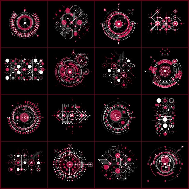 ベクトル 円や線などの幾何学的図形から作成されたモジュラーバウハウスベクトル背景のセット。広告ポスターやバナーデザインとしての使用に最適です。抽象的な機械的スキームのコレクション。