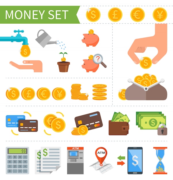 フラットスタイルのお金と金融のセット