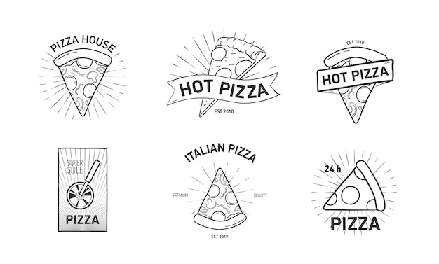Набор монохромных логотипов с кусочками пиццы и рисованной колесный резак в элегантном винтажном стиле. векторная иллюстрация для этикетки или логотипа ресторана итальянской кухни, службы доставки еды.