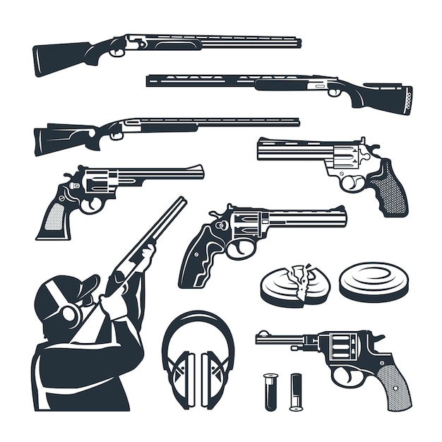 Вектор Набор монохромных изображений различного оружия и аксессуаров для стрелкового клуба. оружие, винтовка и стрельба из пистолета