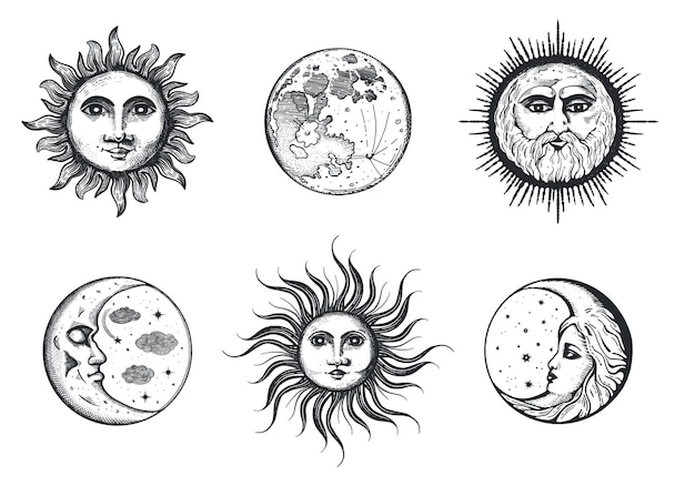 ベクトル 月と太陽のベクトル図のセット彫刻スタイルの月の三日月の太陽のイラスト