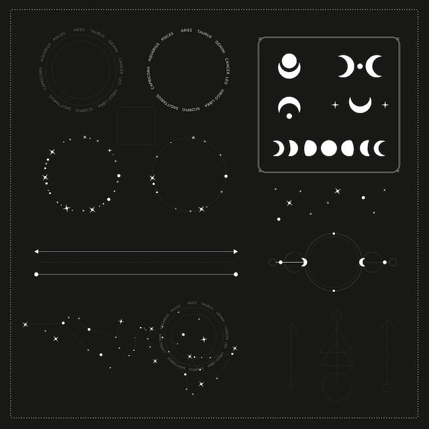 벡터 달의 위상과 별 세트는 로고 패턴 및 웹 디자인을 만들기 위한 최신 유행의 최소 스타일 벡터 아이콘에 기호 기호를 반짝입니다.
