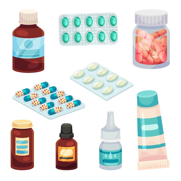 Набор разноцветных таблеток и лекарств в бутылках векторная иллюстрация на белом фоне