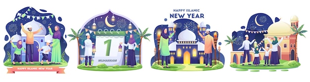 松明祭のイラストでイスラムの新年を祝うイスラム教徒の家族のセット