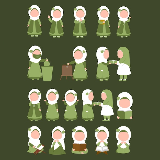 ベクトル イスラム教徒の子供の表情のセット