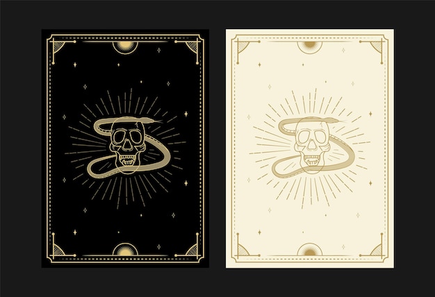 神秘的なタロットカードのセット錬金術落書きシンボル星の彫刻頭蓋骨ヘビと結晶