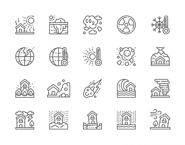 자연 재해 라인 아이콘 세트