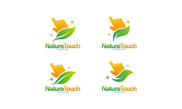 ネイチャータッチのロゴデザインの概念ベクトル、葉とカーソルのロゴデザインベクトルイラストのセット