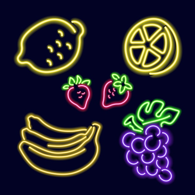 ベクトル ネオンフルーツのセット:レモン,ストロベリー,バナナ,ブドウ.暗い背景に隔離されています.