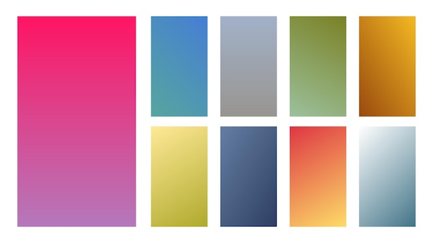 Набор из девяти красочных градиентных фонов. коллекция градиентов для экрана смартфонов и мобильных приложений. векторная иллюстрация.