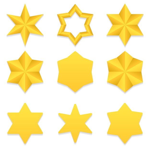 Набор из девяти различных золотых шестиконечных звезд.