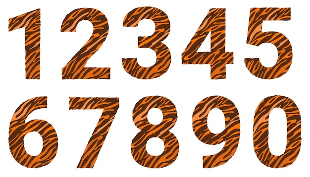 タイガーパターンの数字のセット0から9までの装飾的な縞模様の数字ベクトル
