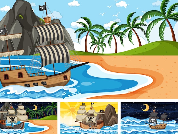 漫画スタイルのさまざまな時間のシーンで海賊船と海のセット
